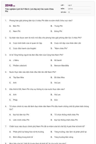 Trắc nghiệm Lịch Sử 9 Bài 6: (có đáp án) Các nước Châu Phi