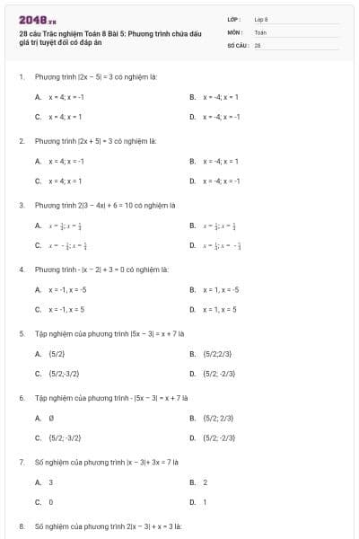28 câu Trắc nghiệm Toán 8 Bài 5: Phương trình chứa dấu giá trị tuyệt đối có đáp án