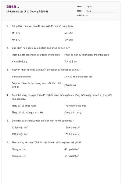 Đề kiểm tra Địa Lí 10 Chương 5 (Đề 4)