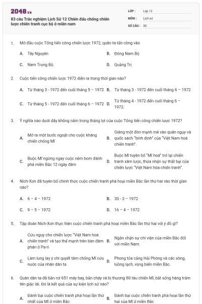 83 câu  Trắc nghiệm Lịch Sử 12 Chiến đấu chống chiến lược chiến tranh cục bộ ở miền nam