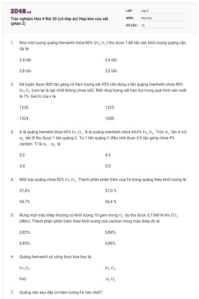 Trắc nghiệm Hóa 9 Bài 20 (có đáp án) Hợp kim của sắt (phần 2)