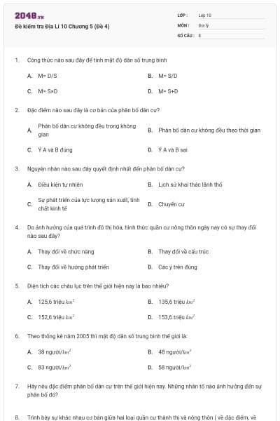 Đề kiểm tra Địa Lí 10 Chương 5 (Đề 4)