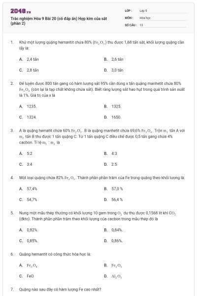 Trắc nghiệm Hóa 9 Bài 20 (có đáp án) Hợp kim của sắt (phần 2)