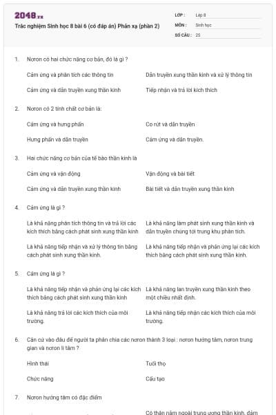 Trắc nghiệm Sinh học 8 bài 6 (có đáp án) Phản xạ (phần 2)