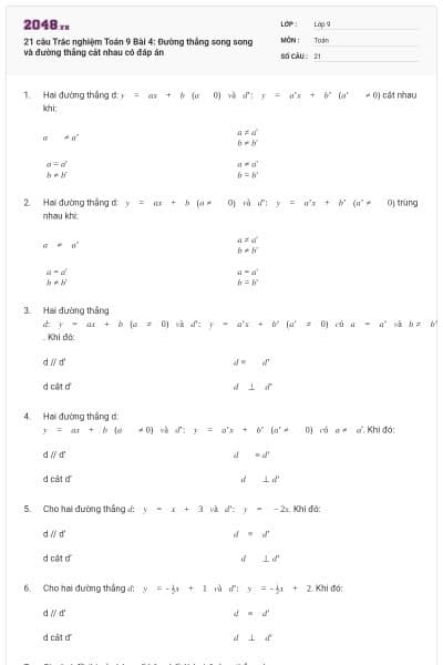21 câu Trắc nghiệm Toán 9 Bài 4: Đường thẳng song song và đường thẳng cắt nhau có đáp án