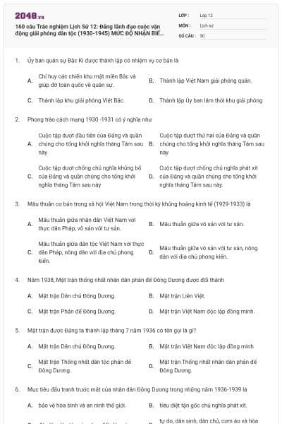 160 câu Trắc nghiệm Lịch Sử 12: Đảng lãnh đạo cuộc vận động giải phóng dân tộc (1930-1945) MỨC ĐỘ NHẬN BIẾT (P1)