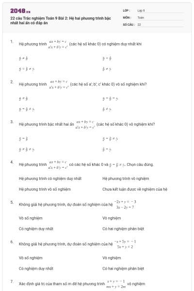 22 câu Trắc nghiệm Toán 9 Bài 2: Hệ hai phương trình bậc nhất hai ẩn có đáp án