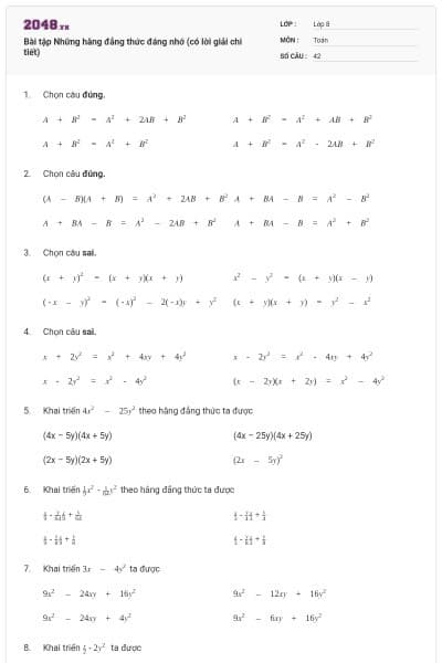Bài tập Những hằng đẳng thức đáng nhớ (có lời giải chi tiết)