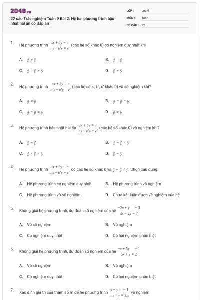 22 câu Trắc nghiệm Toán 9 Bài 2: Hệ hai phương trình bậc nhất hai ẩn có đáp án