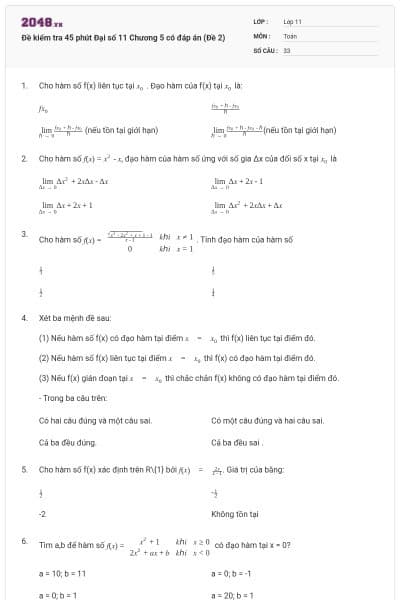 Đề kiểm tra 45 phút Đại số 11 Chương 5 có đáp án (Đề 2)