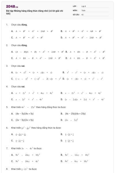 Bài tập Những hằng đẳng thức đáng nhớ (có lời giải chi tiết)