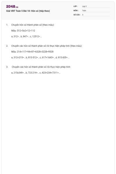 Giải VBT Toán 5 Bài 10: Hỗn số (tiếp theo)