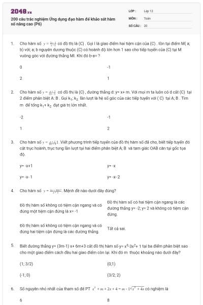 200 câu trắc nghiệm Ứng dụng đạo hàm để khảo sát hàm số nâng cao (P6)