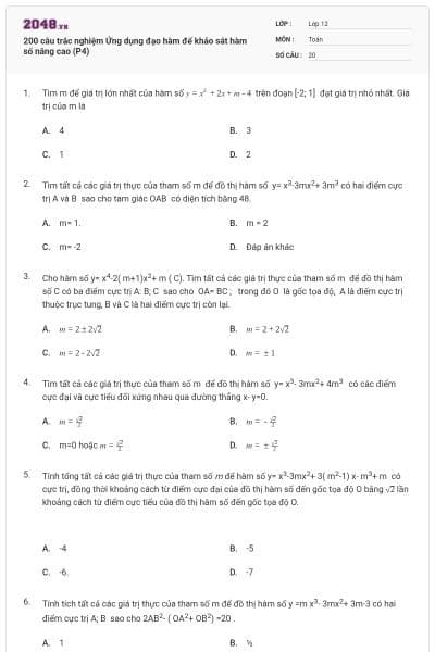 200 câu trắc nghiệm Ứng dụng đạo hàm để khảo sát hàm số nâng cao (P4)