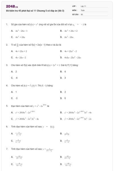Đề kiểm tra 45 phút Đại số 11 Chương 5 có đáp án (Đề 3)