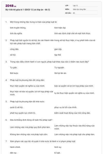 Bộ 4 Đề thi giữa kì 1 GDCD 12 (có đáp án - Đề 3)