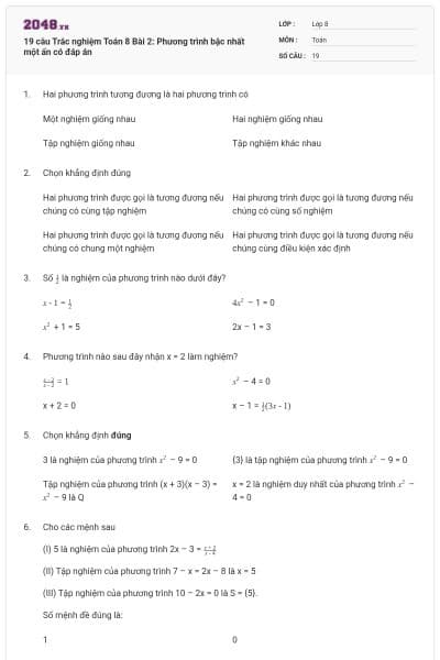 19 câu Trắc nghiệm Toán 8 Bài 2: Phương trình bậc nhất một ẩn có đáp án