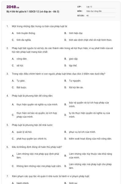 Bộ 4 Đề thi giữa kì 1 GDCD 12 (có đáp án - Đề 3)