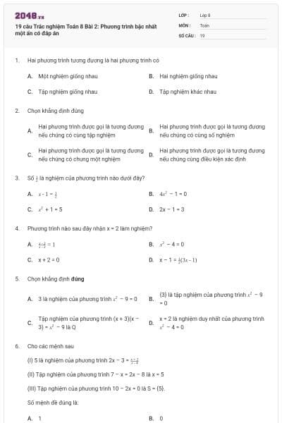 19 câu Trắc nghiệm Toán 8 Bài 2: Phương trình bậc nhất một ẩn có đáp án