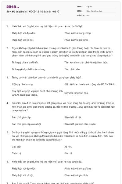 Bộ 4 Đề thi giữa kì 1 GDCD 12 (có đáp án - Đề 4)