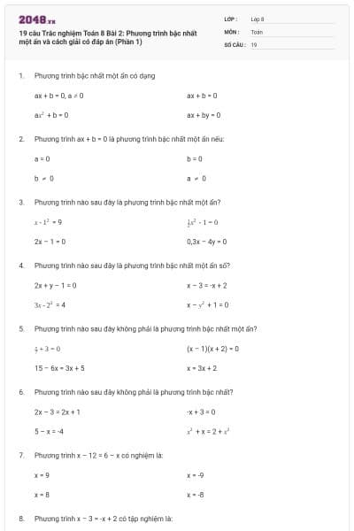 19 câu Trắc nghiệm Toán 8 Bài 2: Phương trình bậc nhất một ẩn và cách giải có đáp án (Phần 1)