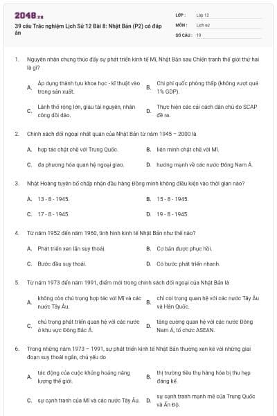 39 câu Trắc nghiệm Lịch Sử 12 Bài 8: Nhật Bản (P2) có đáp án