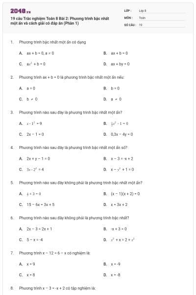 19 câu Trắc nghiệm Toán 8 Bài 2: Phương trình bậc nhất một ẩn và cách giải có đáp án (Phần 1)