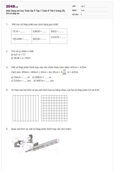 Giải Cùng em học Toán lớp 5 Tập 1 Tuần 8 Tiết 2 trang 28, 29 có đáp án