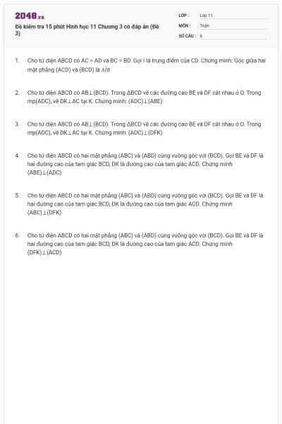 Đề kiểm tra 15 phút Hình học 11 Chương 3 có đáp án (Đề 3)
