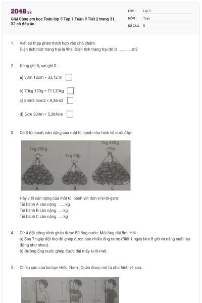 Giải Cùng em học Toán lớp 5 Tập 1 Tuần 9 Tiết 2 trang 31, 32 có đáp án