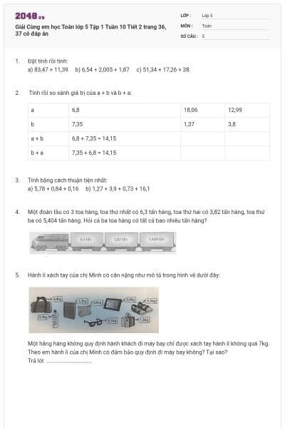 Giải Cùng em học Toán lớp 5 Tập 1 Tuần 10 Tiết 2 trang 36, 37 có đáp án