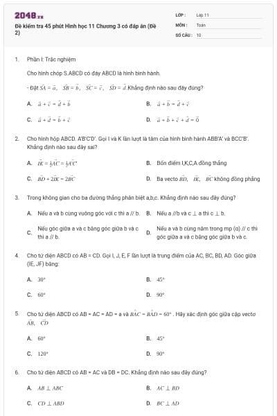 Đề kiểm tra 45 phút Hình học 11 Chương 3 có đáp án (Đề 2)