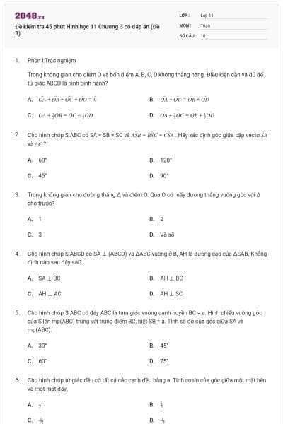 Đề kiểm tra 45 phút Hình học 11 Chương 3 có đáp án (Đề 3)