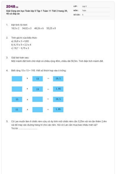 Giải Cùng em học Toán lớp 5 Tập 1 Tuần 11 Tiết 2 trang 39, 40 có đáp án