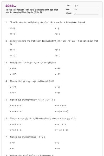 18 câu Trắc nghiệm Toán 8 Bài 2: Phương trình bậc nhất một ẩn và cách giải có đáp án (Phần 2)