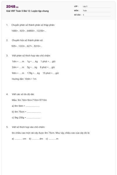 Giải VBT Toán 5 Bài 12: Luyện tập chung