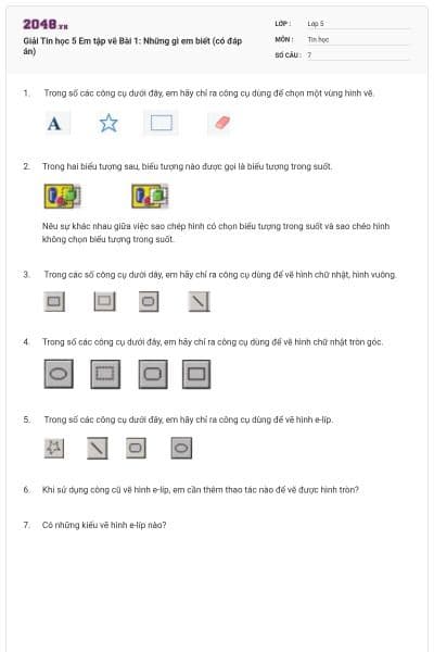 Giải Tin học 5 Em tập vẽ Bài 1: Những gì em biết (có đáp án)