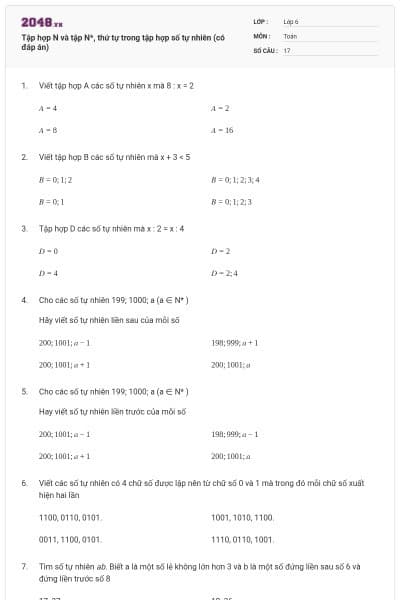 Tập hợp N và tập N*, thứ tự trong tập hợp số tự nhiên (có đáp án)