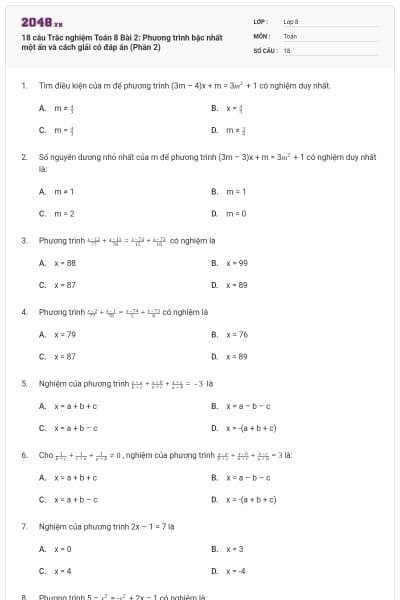 18 câu Trắc nghiệm Toán 8 Bài 2: Phương trình bậc nhất một ẩn và cách giải có đáp án (Phần 2)
