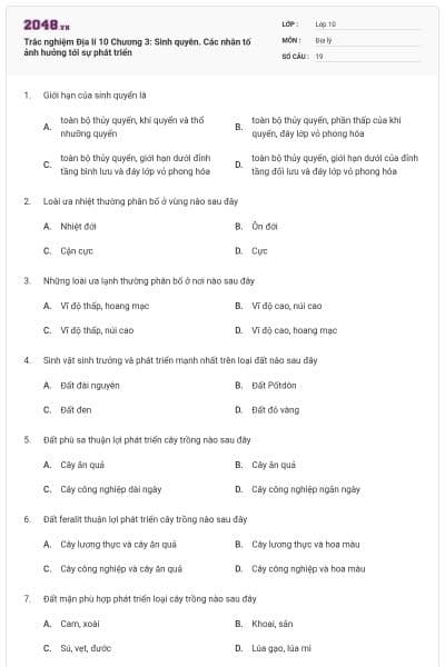 Trắc nghiệm Địa lí 10 Chương 3: Sinh quyên. Các nhân tố ảnh hưởng tới sự phát triển