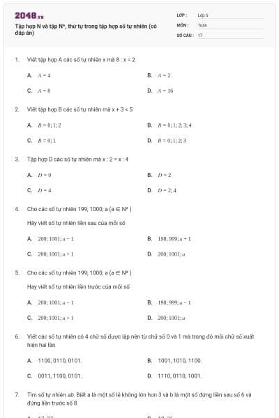 Tập hợp N và tập N*, thứ tự trong tập hợp số tự nhiên (có đáp án)