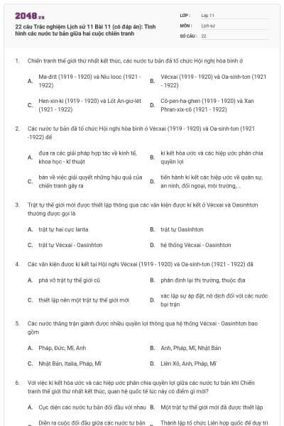 22 câu Trắc nghiệm Lịch sử 11 Bài 11 (có đáp án): Tình hình các nước tư bản giữa hai cuộc chiến tranh