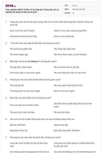 Trắc nghiệm GDCD 10 Bài 14 (có đáp án): Công dân với sự nghiệp xây dựng và bảo vệ tổ quốc