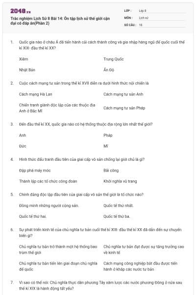 Trắc nghiệm Lịch Sử 8 Bài 14: Ôn tập lịch sử thế giới cận đại có đáp án(Phần 2)
