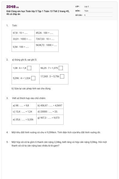 Giải Cùng em học Toán lớp 5 Tập 1 Tuần 13 Tiết 2 trang 45, 46 có đáp án
