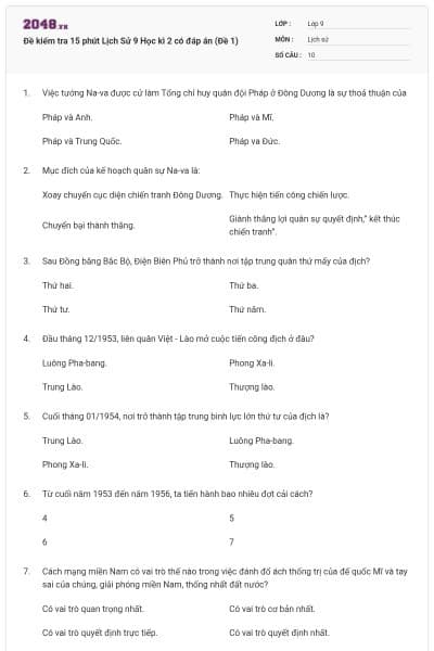 Đề kiểm tra 15 phút Lịch Sử 9 Học kì 2 có đáp án (Đề 1)