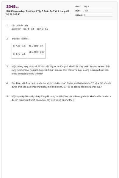 Giải Cùng em học Toán lớp 5 Tập 1 Tuần 14 Tiết 2 trang 48, 50 có đáp án
