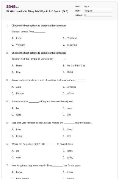 Đề kiểm tra 45 phút Tiếng Anh 9 Học kì 1 có đáp án (Đề 1)