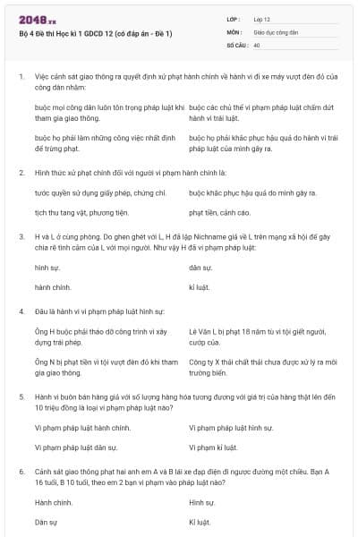 Bộ 4 Đề thi Học kì 1 GDCD 12 (có đáp án - Đề 1)