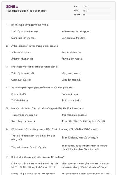 Trắc nghiệm Vật lý 9 ( có đáp án ) Mắt